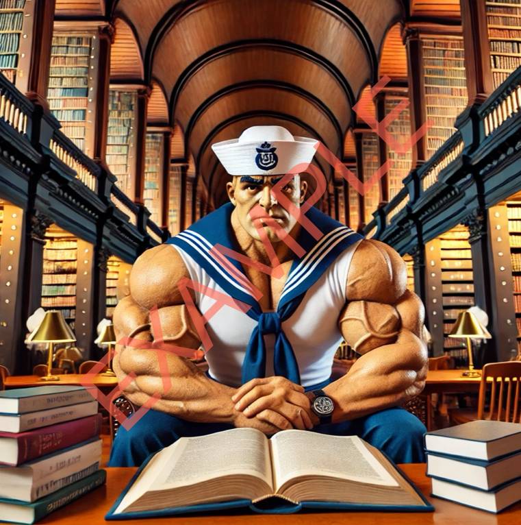 An AI-generated image of the GVSU mascot Louie the Laker in a library